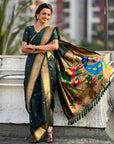Bottle Green Nauvari Pathani Silk Zari Woven Muniya Border Saree