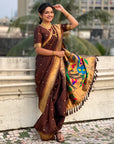 Coffee Nauvari Pathani Silk Zari Woven Muniya Border Saree