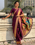 Wine Nauvari Pathani Silk Zari Woven Muniya Border Saree