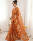 Orange Soft Oris Silk with Floral Applique Work Saree