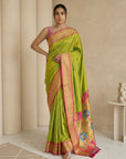 Parrot Green Soft Paithani Silk Zari Woven Saree with Peacock Pallu
