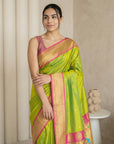 Parrot Green Soft Paithani Silk Zari Woven Saree with Peacock Pallu