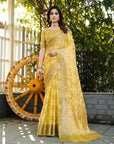 Light Yellow Organza Silk with Bandhani Weaves Saree