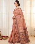 Peach Soft Muga Cotton with Kalamkari Style Bird Motif Narrative Pallu
