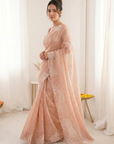 Peach Soft Raspberry Crush Silk Saree with Chikankari Work