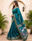 Peacock Blue Soft Zari Woven Saree with Lotus Pichwai Concept Pallu