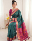 Peacock Blue Traditional Soft Silk Saree with Floral & Peacock Pattern Saree