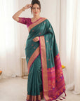 Peacock Blue Traditional Soft Silk Saree with Floral & Peacock Pattern Saree