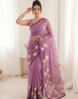 Pink Soft Oris Silk with Floral Applique Work Saree