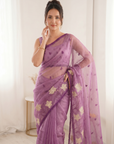 Pink Soft Oris Silk with Floral Applique Work Saree