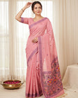 Pink Soft Muga Cotton with Kalamkari Style Bird Motif Narrative Pallu