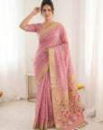 Pink Soft Linen Cotton Paithani Saree with Meenakari Pichwai Lotus Pallu
