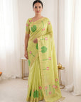 Pista Green Premium Soft Linen Cotton with Lotus & Leafs Pattern Saree