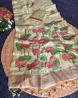 Pista Green Soft Flora Cotton Resham Saree with Lotus Pattern Saree
