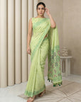 Pista Green Soft Muga Cotton with Handblock Kalamakri Pattern Saree