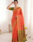 Peach Premium Soft Silk Zari Woven with Ikkat Patola Fusion Saree