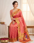 Peach Premium Soft Brocade Tissue Paithani Silk Saree