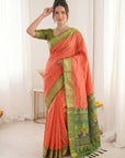 Peach Traditional Soft Silk Saree with Floral & Peacock Pattern Saree