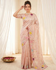 Peach Premium Tissue Silk Saree with Multi Threadwork