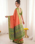 Peach Traditional Soft Silk Saree with Floral & Peacock Pattern Saree