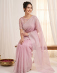 Pink Crush Organza Silk Saree with Embroidery Stripe Pattern