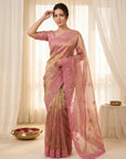 Pink Organza Silk Saree with Sequins Embroidery Work Saree