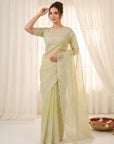 Pista Green Crush Organza Silk Saree with Embroidery Stripe Pattern