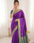 Purple Traditional Soft Silk Saree with Floral & Peacock Pattern Saree