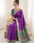 Purple Traditional Soft Silk Saree with Floral & Peacock Pattern Saree