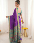 Purple Traditional Soft Silk Saree with Floral & Peacock Pattern Saree