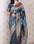 Dark Blue Soft Banarasi Silk Saree with Meenakari Gold Zari Woven Jaal
