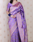 Lavender Soft Banarasi Silk Saree with Meenakari Gold Zari Woven Jaal