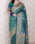 Peacock Blue Soft Banarasi Silk Saree with Meenakari Gold Zari Woven Jaal