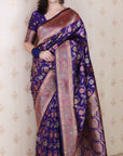 Violet Soft Banarasi Silk Saree with Meenakari Gold Zari Woven Jaal
