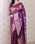 Purple Soft Banarasi Silk Saree with Meenakari Gold Zari Woven Jaal