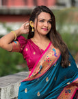 Dark Blue Paithani Silk Contrast Zari Woven Saree with Chandrakor Swan Motifs