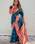 Dark Blue Paithani Silk Contrast Zari Woven Saree with Chandrakor Swan Motifs