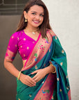 Peacock Blue Paithani Silk Contrast Zari Woven Saree with Chandrakor Swan Motifs