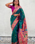 Peacock Blue Paithani Silk Contrast Zari Woven Saree with Chandrakor Swan Motifs
