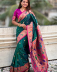 Peacock Blue Paithani Silk Contrast Zari Woven Saree with Chandrakor Swan Motifs