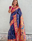 Navy Blue Paithani Silk Contrast Zari Woven Saree with Chandrakor Swan Motifs