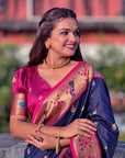 Navy Blue Paithani Silk Contrast Zari Woven Saree with Chandrakor Swan Motifs