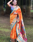 Orange Paithani Silk Contrast Zari Woven Saree with Chandrakor Swan Motifs