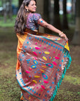 Orange Paithani Silk Contrast Zari Woven Saree with Chandrakor Swan Motifs