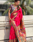 Pink Paithani Silk Contrast Zari Woven Saree with Chandrakor Swan Motifs
