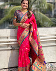 Pink Paithani Silk Contrast Zari Woven Saree with Chandrakor Swan Motifs