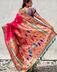 Pink Paithani Silk Contrast Zari Woven Saree with Chandrakor Swan Motifs