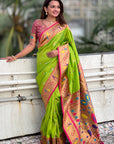 Parrot Green Paithani Silk Contrast Zari Woven Saree with Chandrakor Swan Motifs