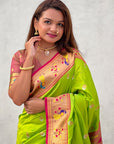 Parrot Green Paithani Silk Contrast Zari Woven Saree with Chandrakor Swan Motifs