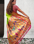 Parrot Green Paithani Silk Contrast Zari Woven Saree with Chandrakor Swan Motifs
